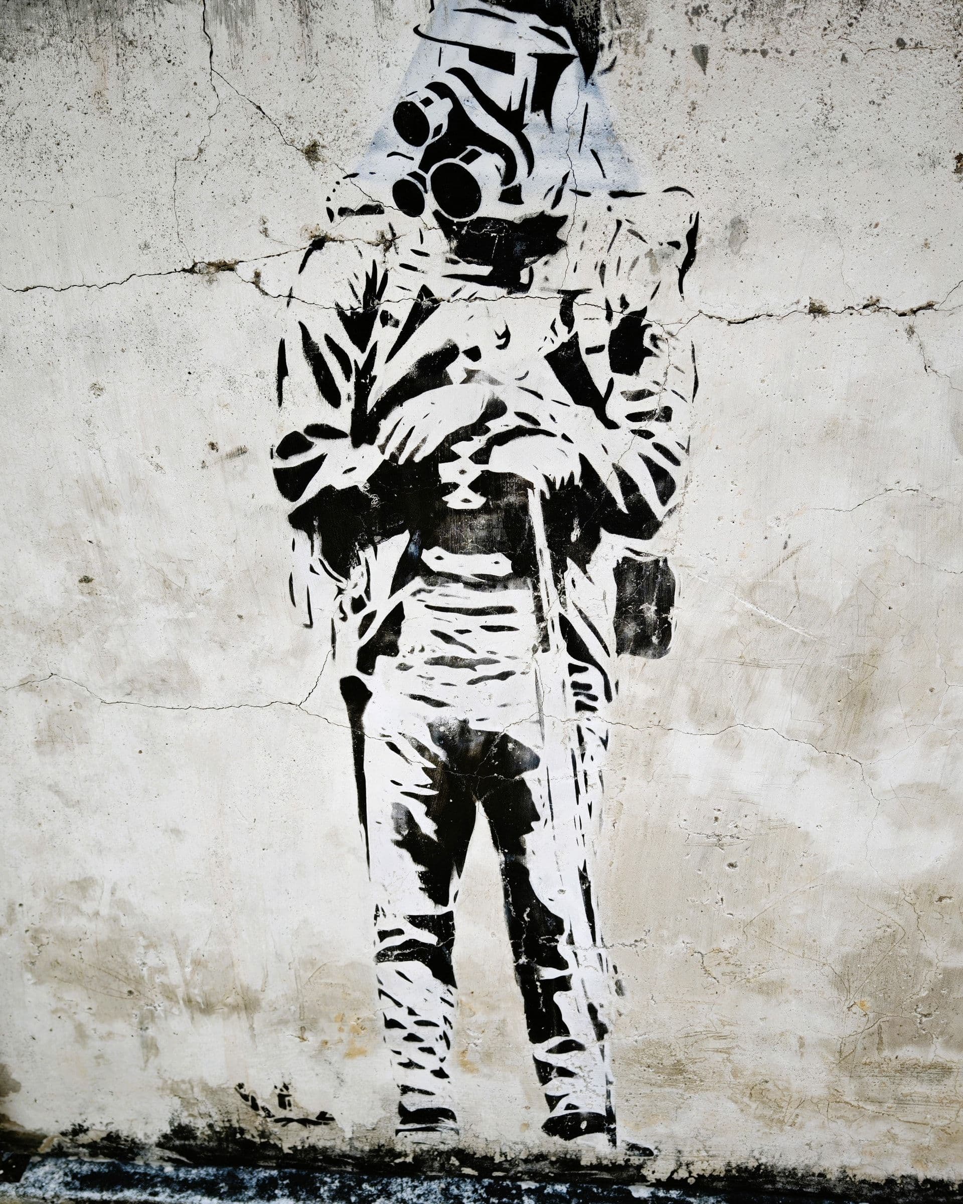 Monochrome stencil artwork by CodeFC on Stewart Lane featuring a cultural mythological figure